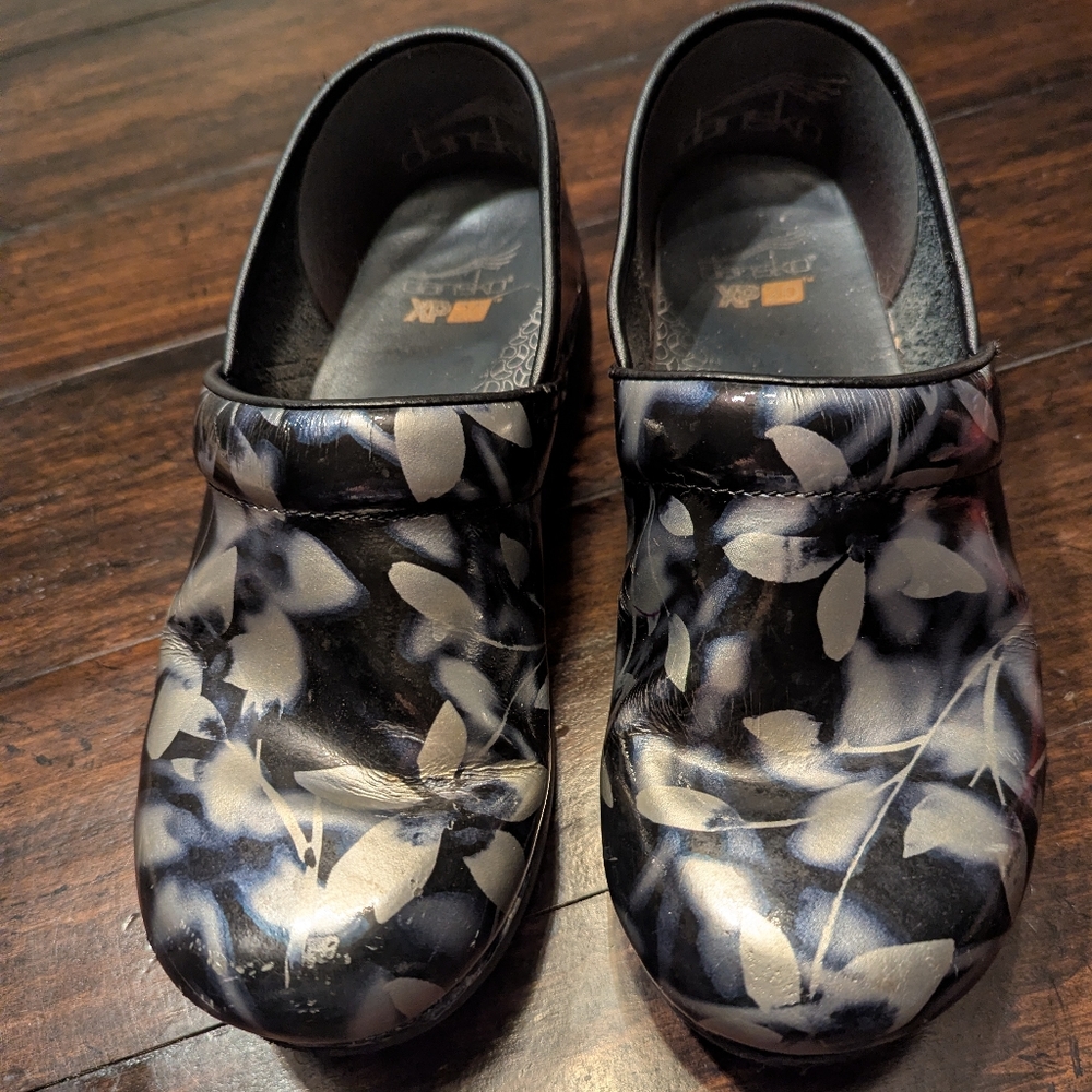 Dansko XP Black and White Floral Clogs
